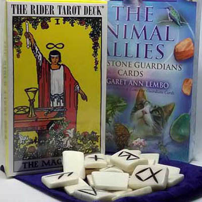 We offer a variety of tarot decks, oracle cards, and rune stones.