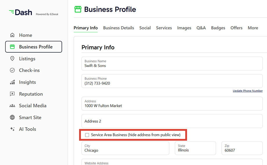Service Area Businses Checkbox Screenshot