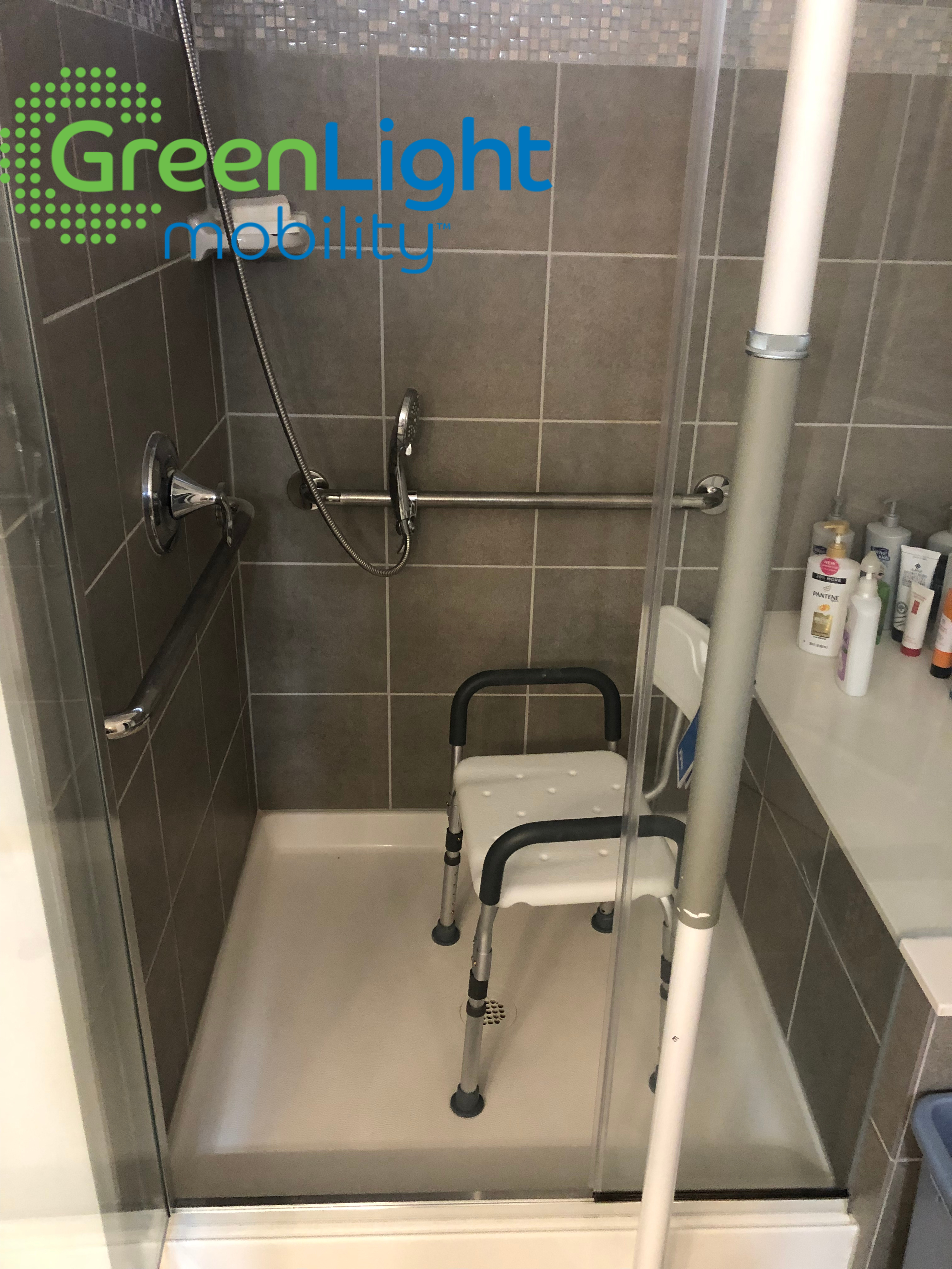 Grab bar and tension mounted pole Installedmin Bathroom